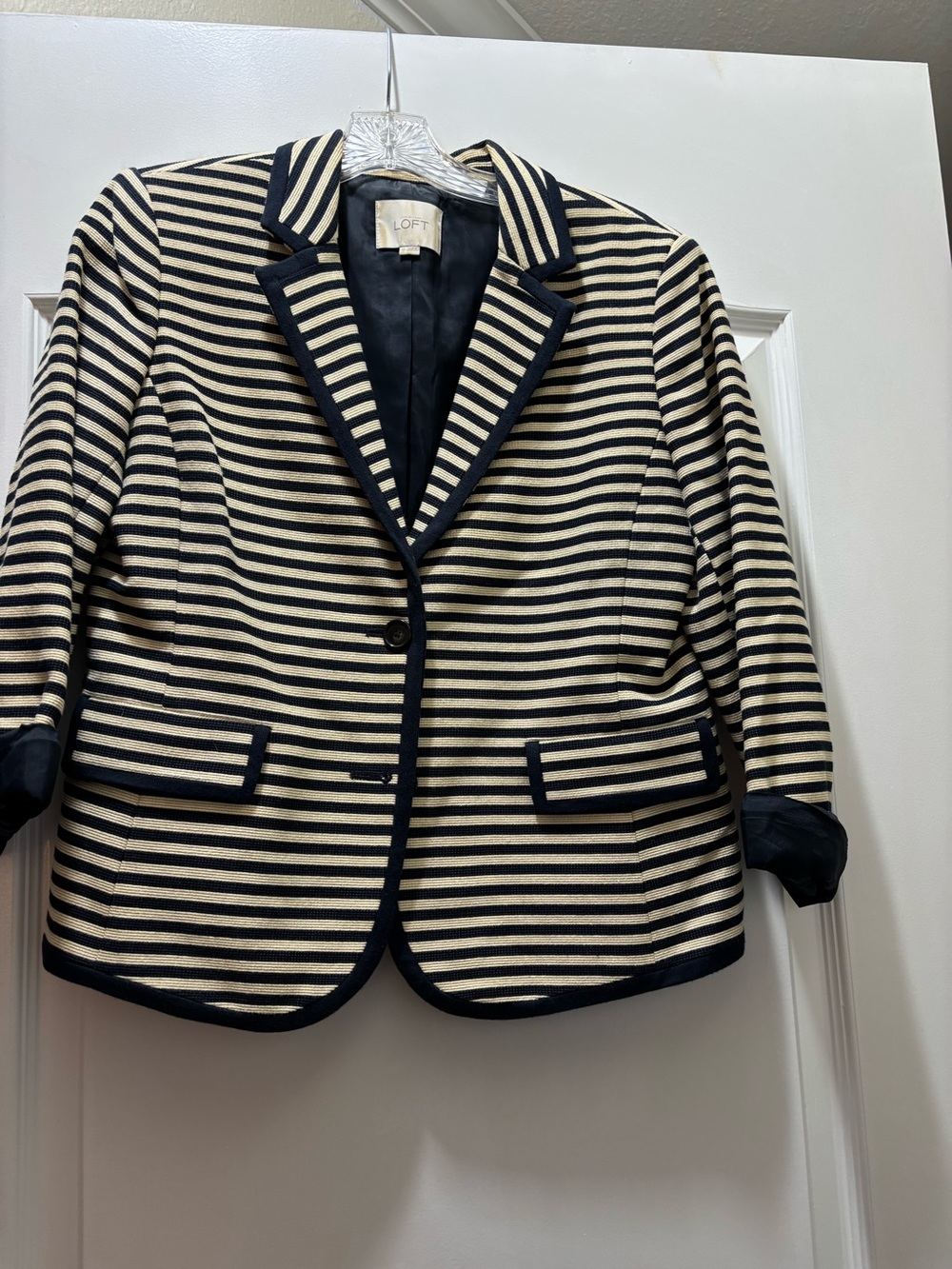 LOFT Navy and Cream Striped Single-Button Blazer